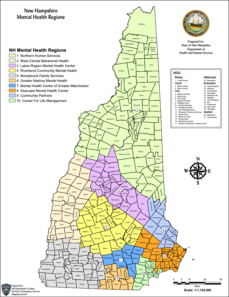 map of 10 regions in New Hampshire for mental health services